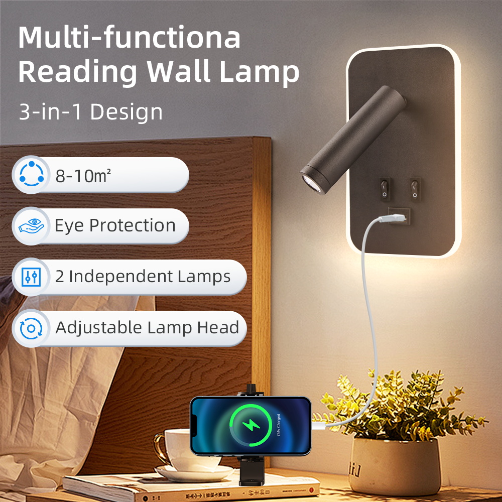 充電式 USB ポート付きウォールランプベッドサイド LED 読書寝室の壁ライト回転可能なヘッド壁取り付け用燭台リビングルームの家の装飾