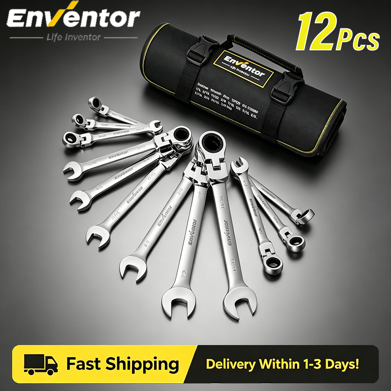 Enventor 12 点ラチェットレンチセット SAE 1/4-7/8 インチ 180° フレックスヘッド 12 点コンビネーションラチェットレンチセット ガレージホーム用