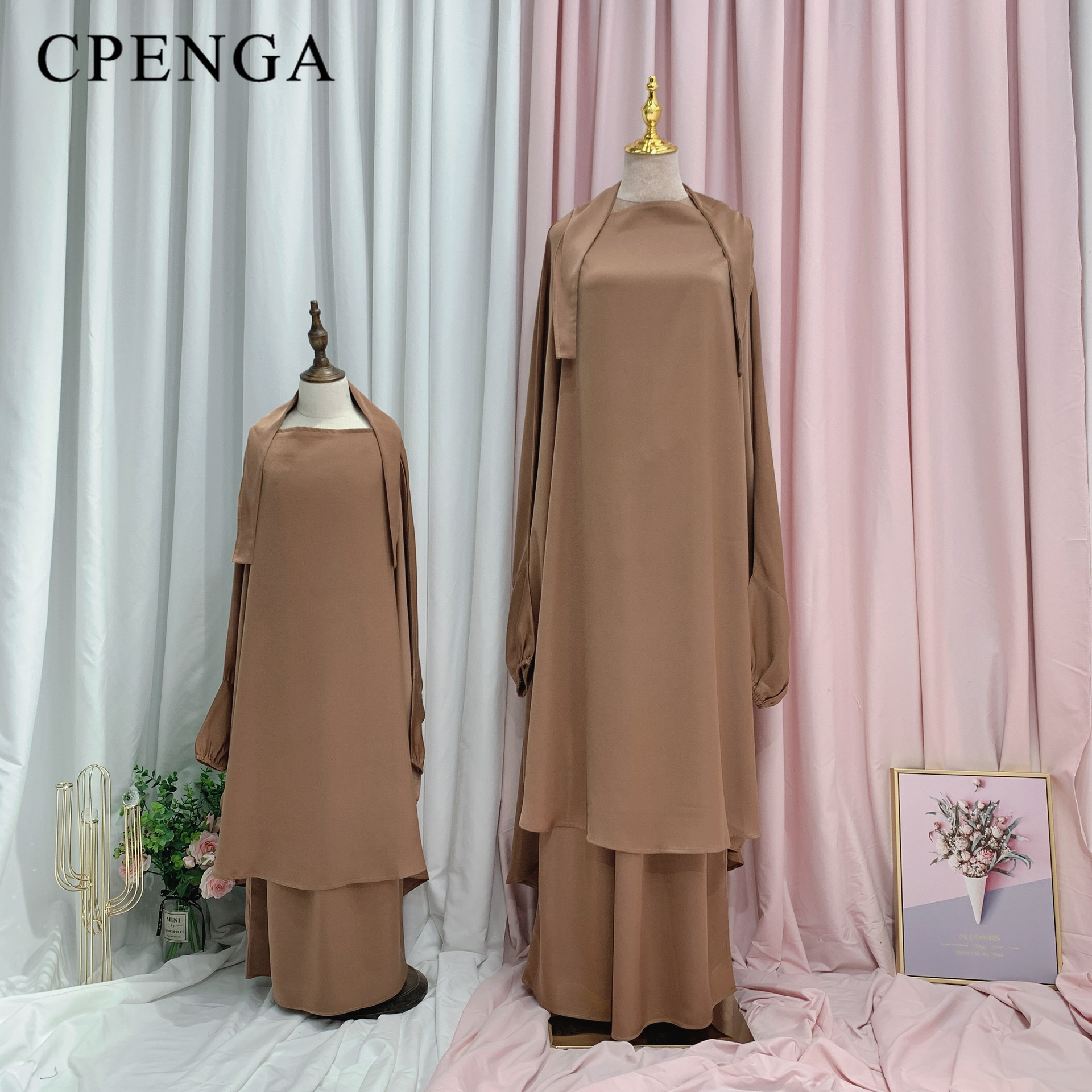 子供大人の祈りドレスイスラム教徒の女性 Jilbab 無地 Abayas 子供ラマダン Khimar トップススカート 2 点セットヒジャーブローブイスラム服