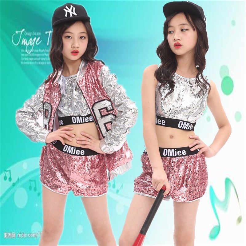 ジャズダンス衣装ピンクスパンコールシャイニングストリートダンスジャケット子供衣装子供の日ステージパフォーマンス衣装女の子
