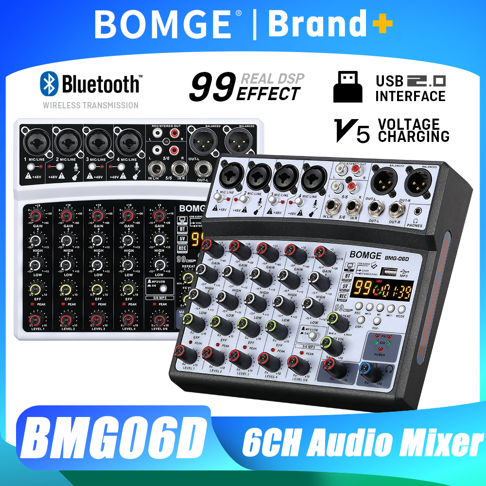 BOMGE オーディオミキサー 6 チャンネル 99 DSP エフェクトレコード PC 48V ファンタム電源 USB サウンドミキサー Bluetooth DJ コンソールミキシングカラオク用