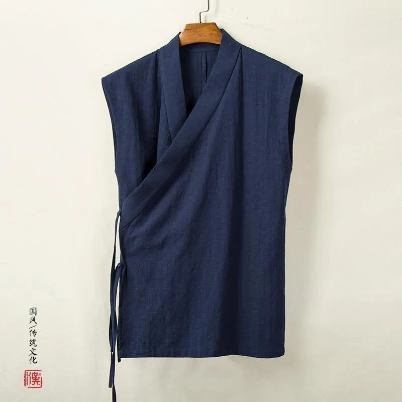中国の伝統的な服韓服薄い夏新しいベスト男性リネン綿ノースリーブチョッキトップメンズ唐装着物カーディガン