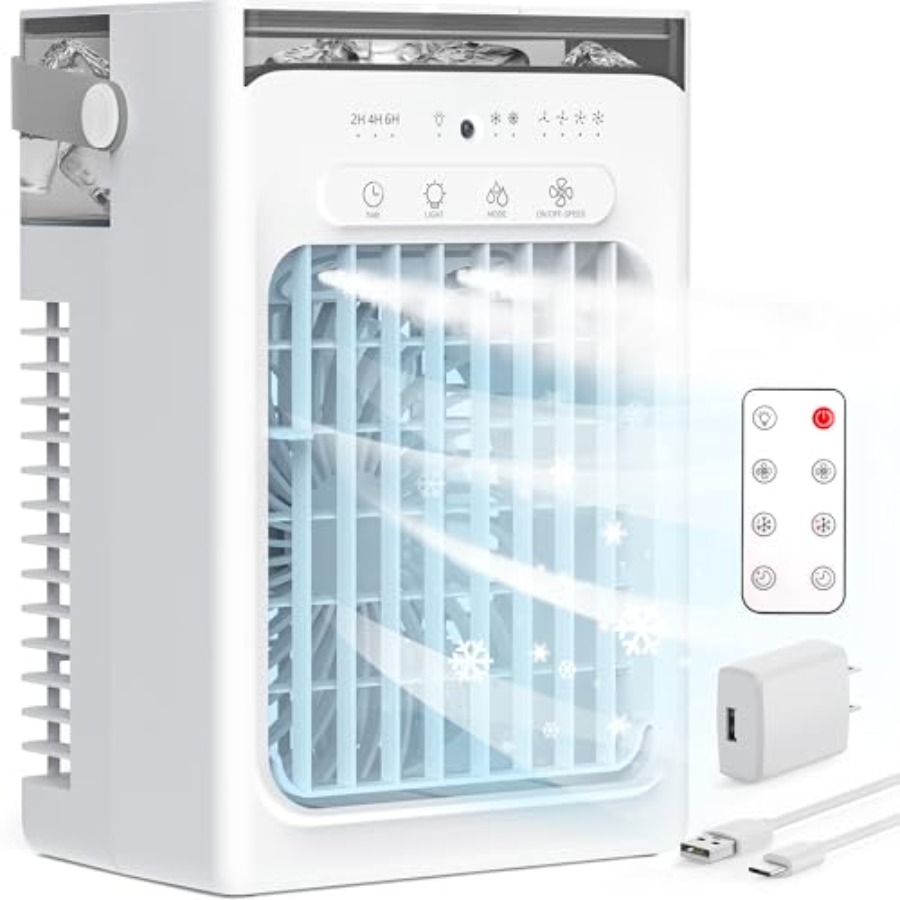 部屋、車、寝室、オフィス、屋外用のポータブル空気冷却器。蒸発冷却。白;コンパクト設計、リモコン付き、4風速