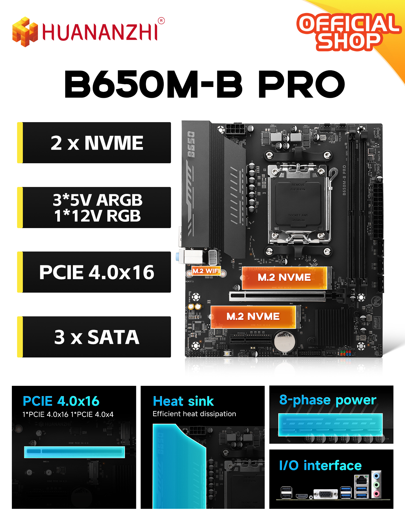 Huanazhi B650M B Pro AMD AM5 マザーボードデュアルチャネル DDR5 EXPO RAM サポート Ryzen R5 R7 7000 8000 9000 シリーズ M.2 NVME WIFI