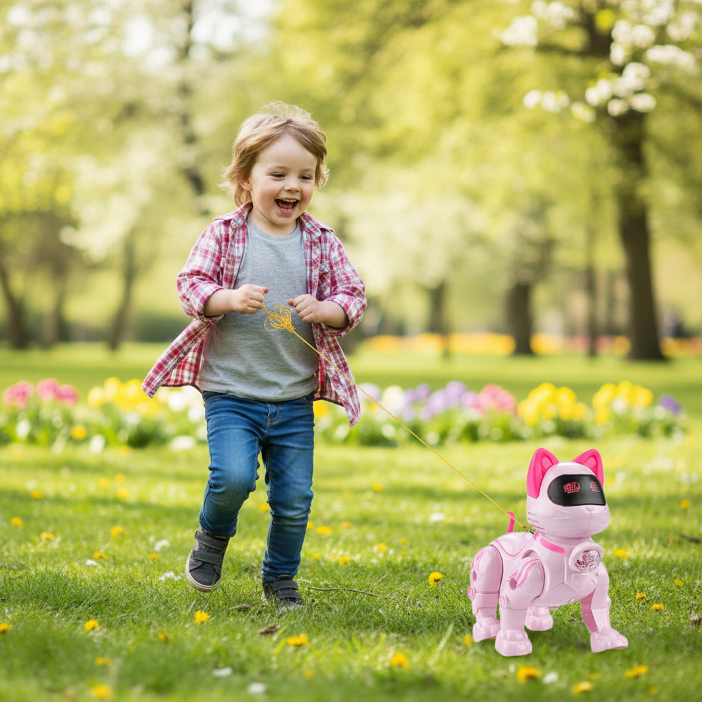 子供用電動ロボット猫 リード付き スマートロボット猫のおもちゃ プログラム可能なインテリジェント音声制御 ペットのおもちゃ 子供 女の子用