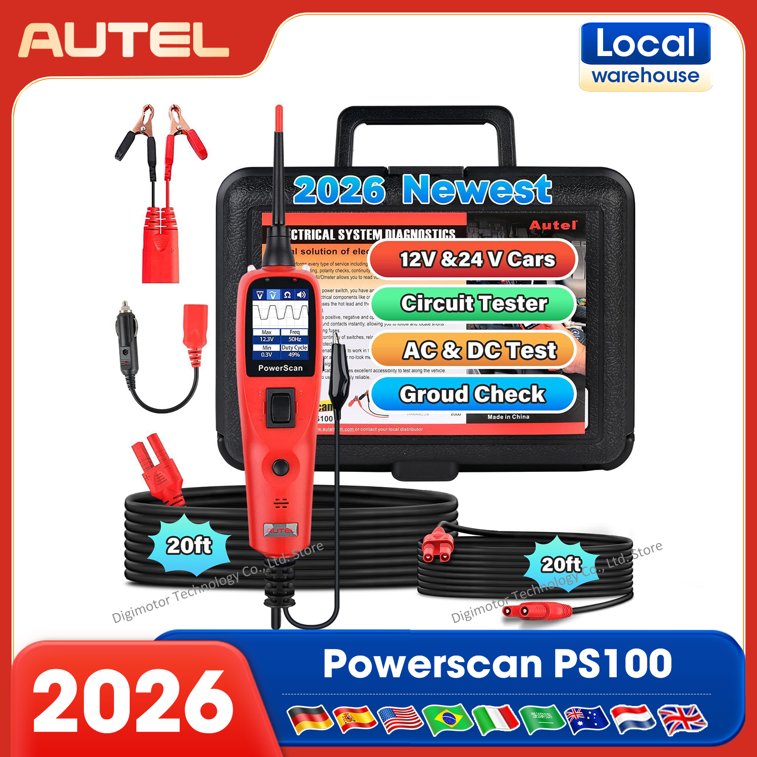 Autel PS100 回路テスター 電源回路プローブキット AC DC 電圧 12-24V 自動車電気システムテスト、20FT 延長コード