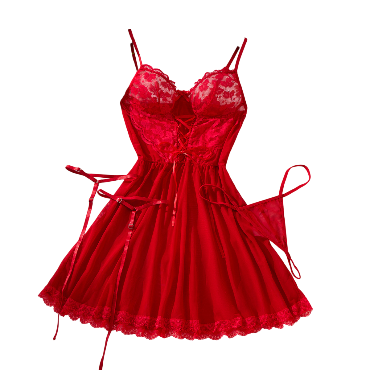 Sexy Bra And Garter Belt Lingerie Hot Red Babydoll Dress Erotic Women Exquisite 3-Piece Sets Thong Nightgown Set With Leg Rings