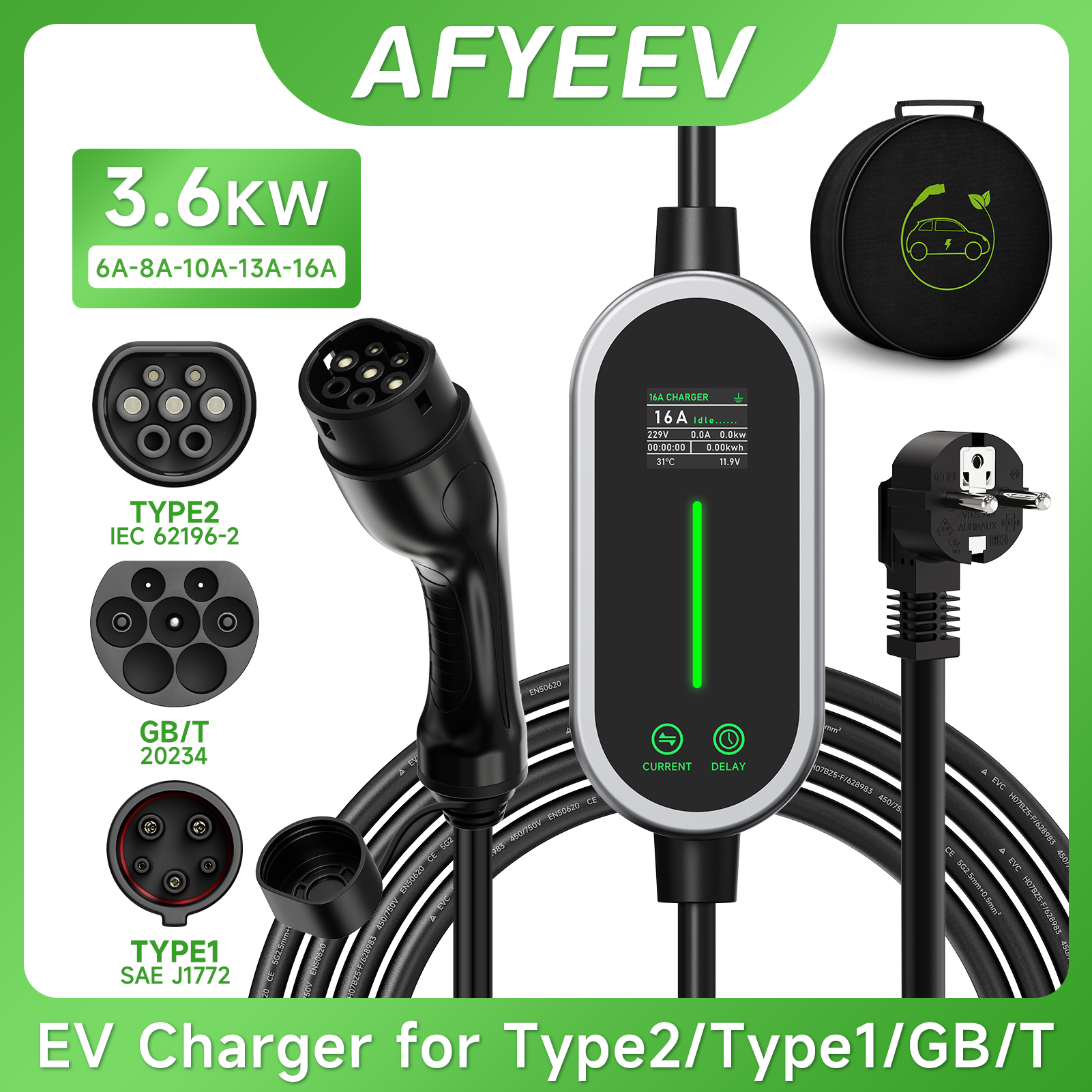 AFYEEV EV ポータブル充電器 Type2 / GB/T プラグコネクタ 16A 1 相 3.6KW Type1 3.5 メートルウォールボックス充電ステーション電気自動車用