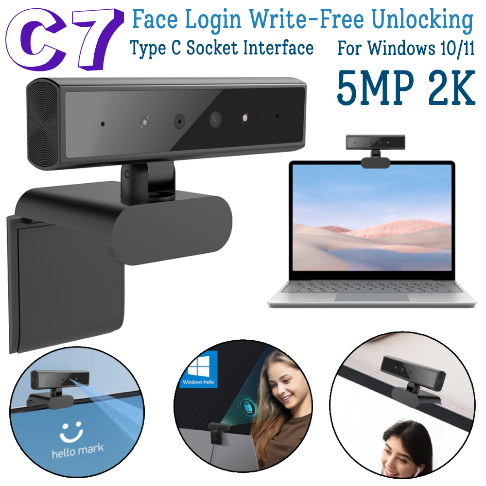 5MP 2K C7 顔認識ウェブカメラ Type C ソケットインターフェース 認証ログインウェブカメラ Windows 10/11 ノートパソコン/デスクトップ用