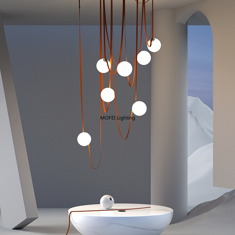北欧革シャンデリアイタリア革ベルト二重階段リビングルームホテルレストラン装飾 LED ランプペンダントライト
