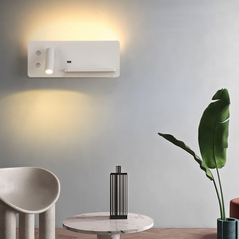 スイッチ付き多機能ウォールライト、USBインターフェース、LED電話ワイヤレス充電器、読書用ウォールライト、寝室のナイトライト