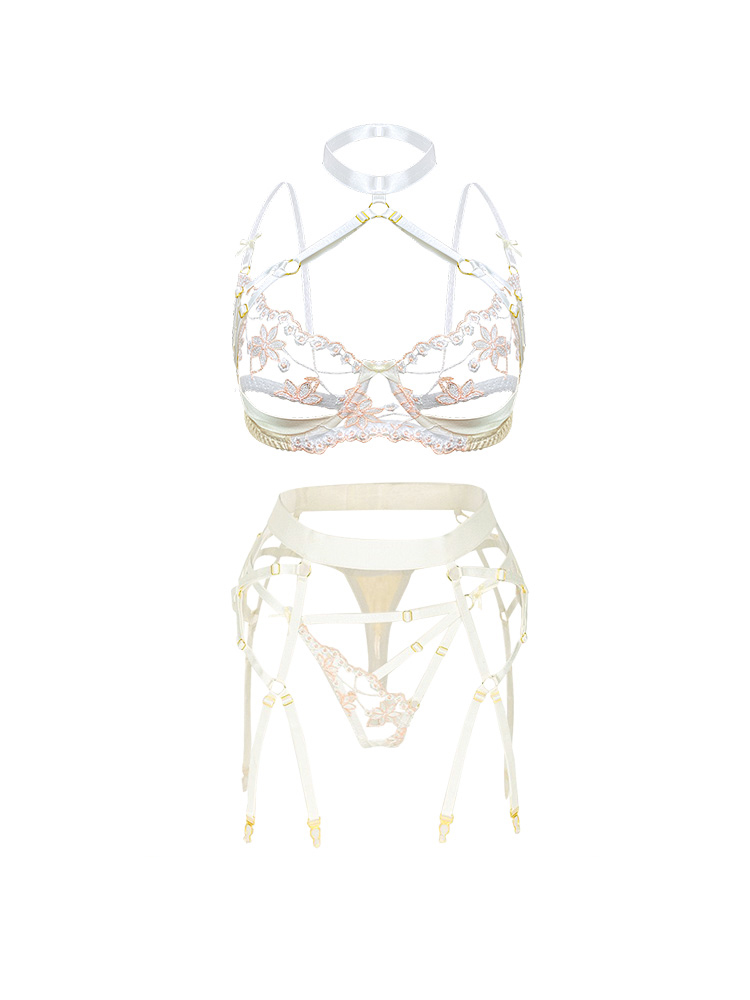 Fashion Print Embroidery Porno Underwear Sets Spliced Backless Lingerie Sexuality Sheer Vintage Lace 3 Pieces Suit