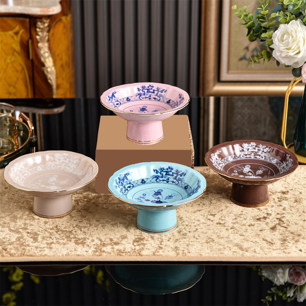 Ying's セラミック ハイフットプレート キッチン用品 ストレージプレート プリント ナッツとフルーツ パッキングプレート 6インチ ピンク ブルー カレーベージュ