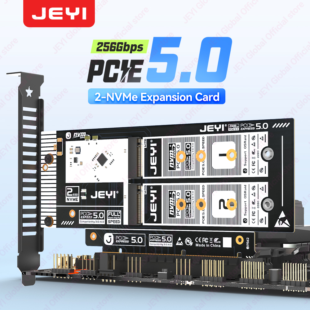 JEYI 2ベイ M.2 2280 NVMe PCIe 5.0 X16拡張カード 256Gbps 2280/60/42/30 NVMe SSD用X8スロット対応 RAID 0ソフトサポート