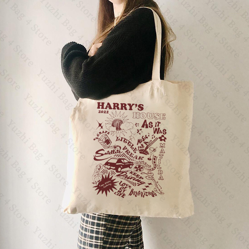 ようこそハリーズハウスへパターントートバッグ Hs Merch カジュアルキャンバスショルダーバッグ音楽アルバムハンドバッグプリントバッグショッピングバッグ