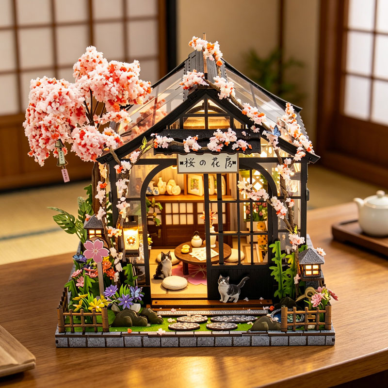 Zuuton DIY ミニチュア ドールハウス キット 日本桜茶室 ライト付き 3D 木製パズルブックコーナー 大人用 誕生日ギフト ホーム