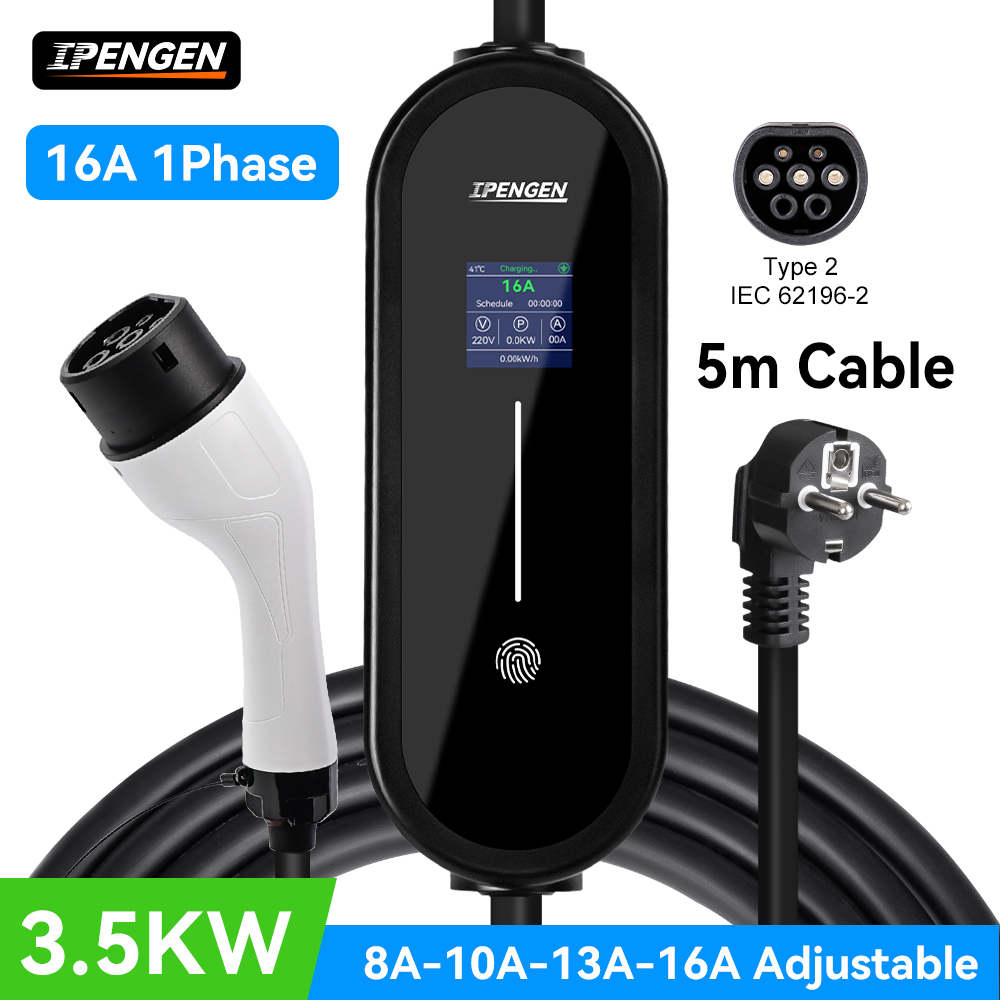 IPENGEN 3.5KW ポータブル EV 充電器 5 メートルケーブル Type2 IEC62196/GB/T コネクタ 16A 1 相 Type1 ウォールボックス電気自動車用充電