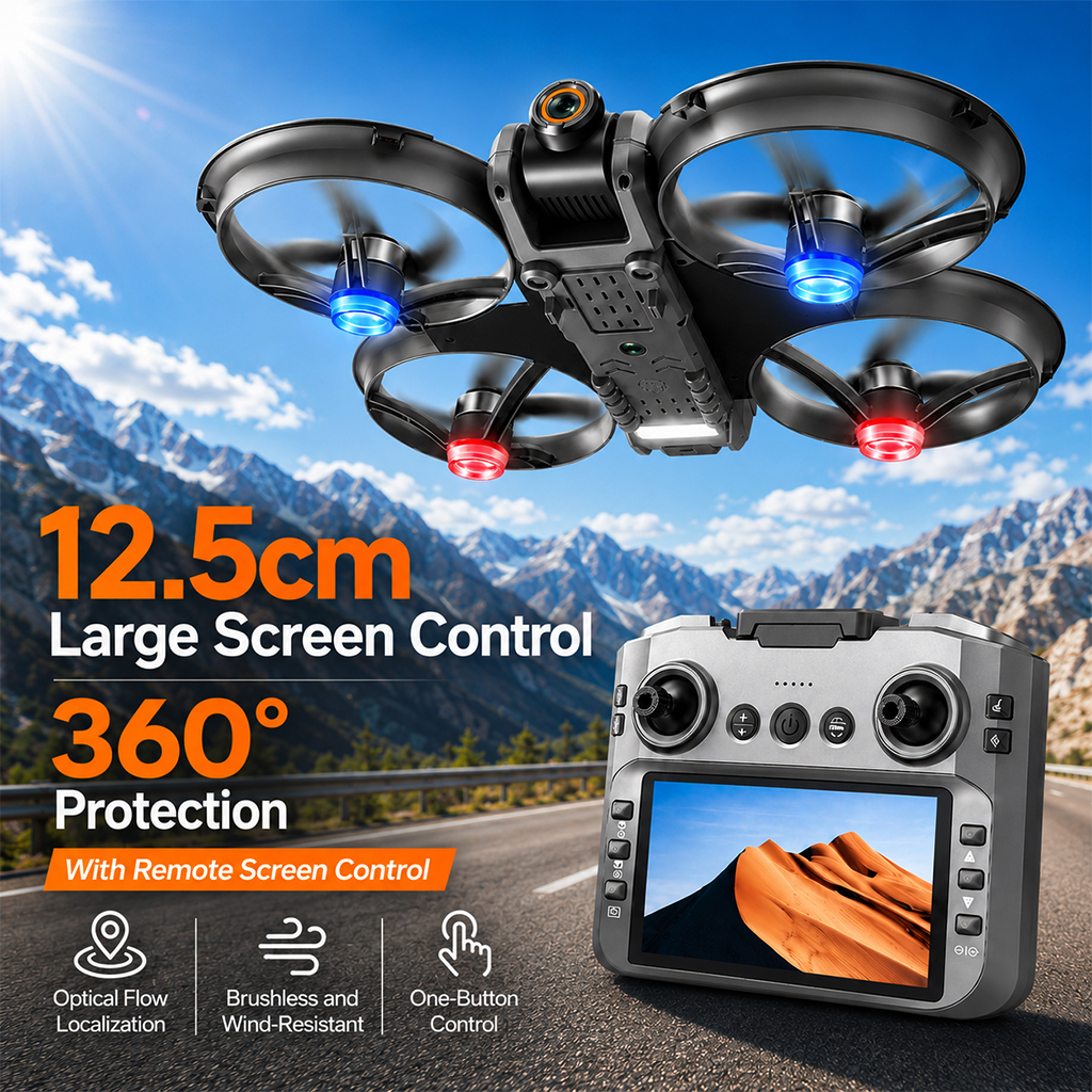 ドローン ブラシレスモーター 耐風 RC ドローン 12.5cm 大画面 リモコン 360° サラウンド保護 オプティカル フロー ホバー ワン ボタン コントロール おもちゃ ドローン