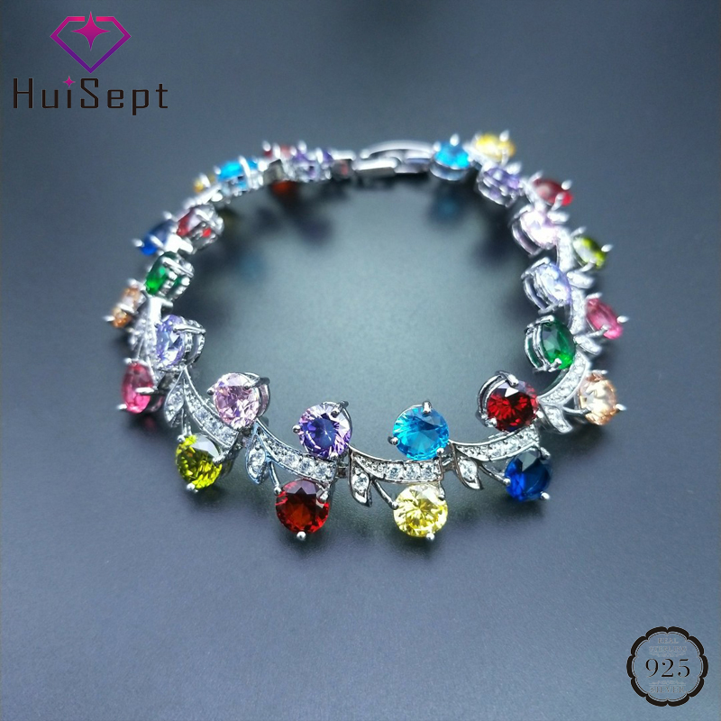 HuiSept チャームブレスレット 925 スターリングシルバージュエリーアクセサリーカラフルなトパーズ宝石ブレスレット女性の結婚式の婚約