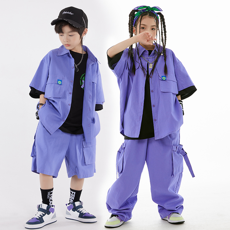 子供ヒップホップダンス衣装ルーズオーバーオール紫コートパンツストリートダンス服少年少女ジャズドラムショーステージ服 L10400