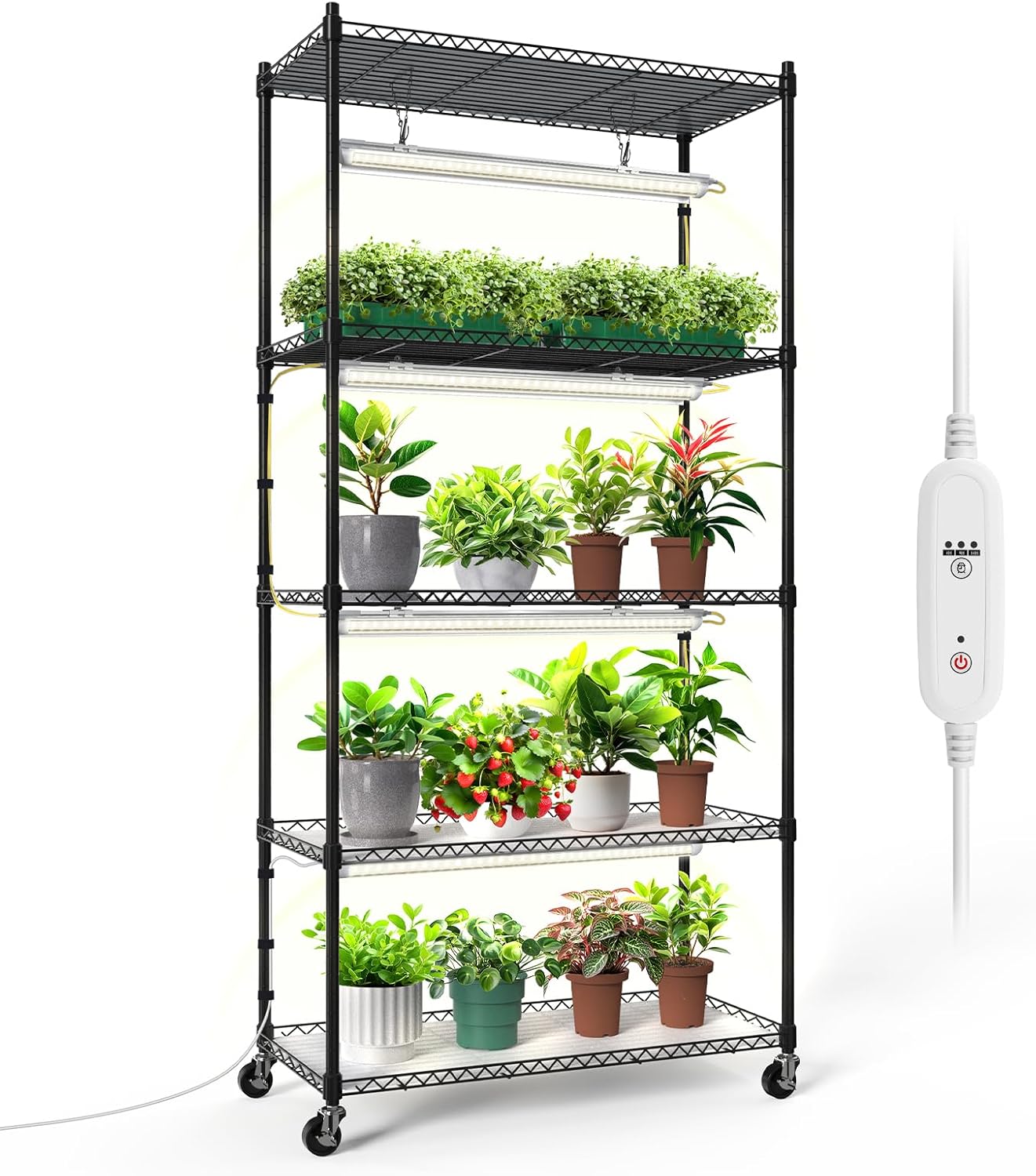5段植物棚、24W LED成長ライト、タイマー、ホイール付き、29.5x13.8x59インチ