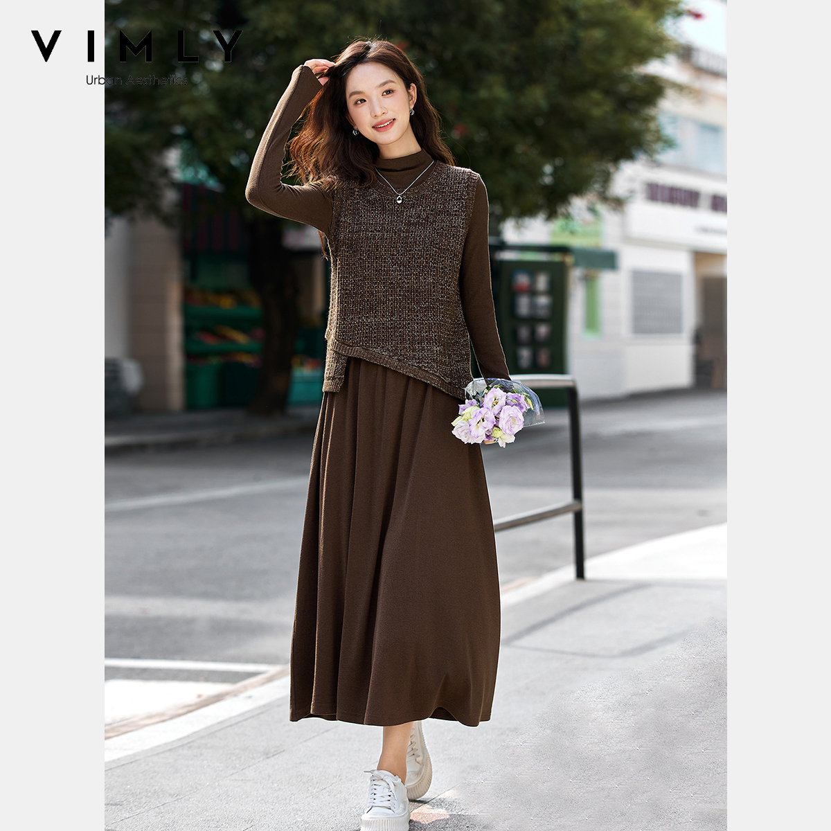 VIMLY 2 ピースセット女性ヴィンテージ秋 2026 ブラウンロングハーフハイカラーニットドレス不規則なベスト新しいマッチングセット A2228