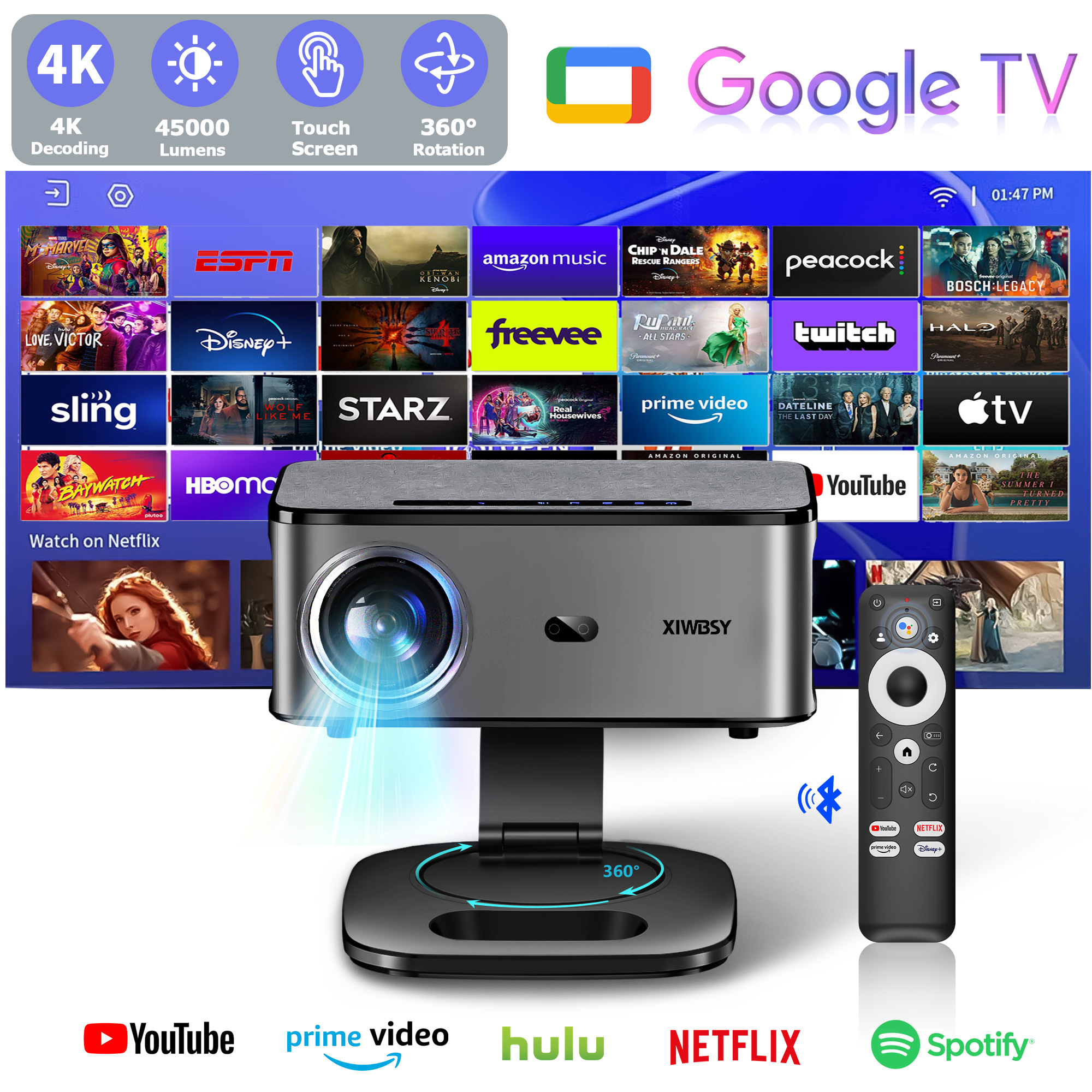 XIWBSY 45000ルーメン Google TV プロジェクター ポータブル プロジェクター 4K Android 14.0 昼光プロジェクター 8K ビデオ ホームシアター プロジェクター
