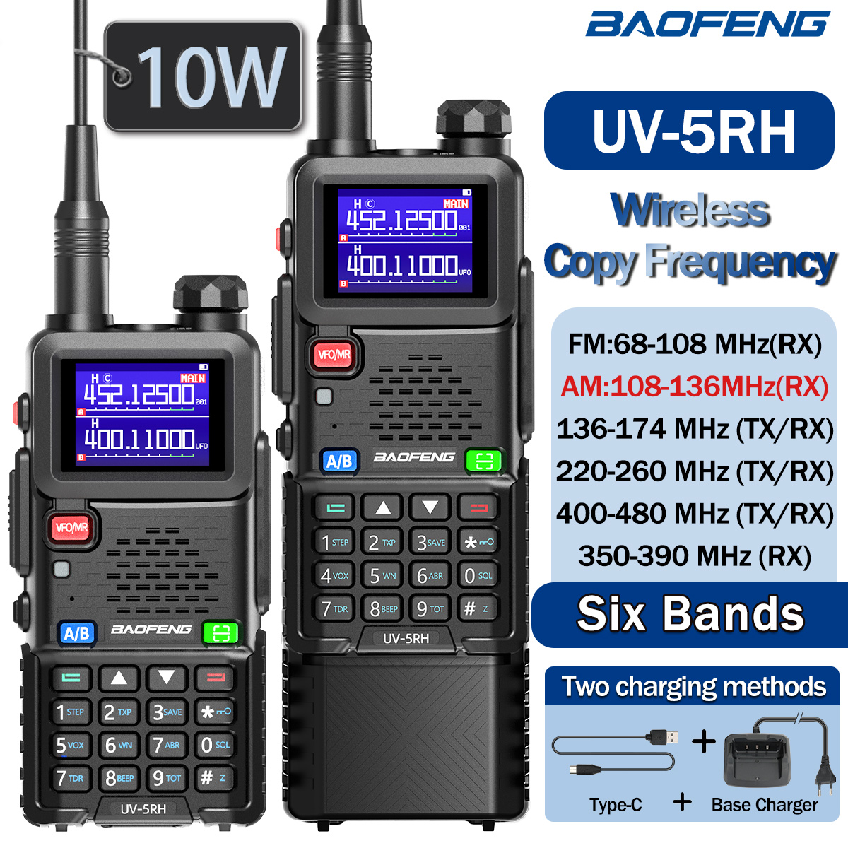 Baofeng UV 5RH 10W エアバンド トランシーバー 長距離ワイヤレス コピー周波数 Type-C Baofeng UV 5R MINI UV 21 PRO 2 ウェイ アマチュア無線