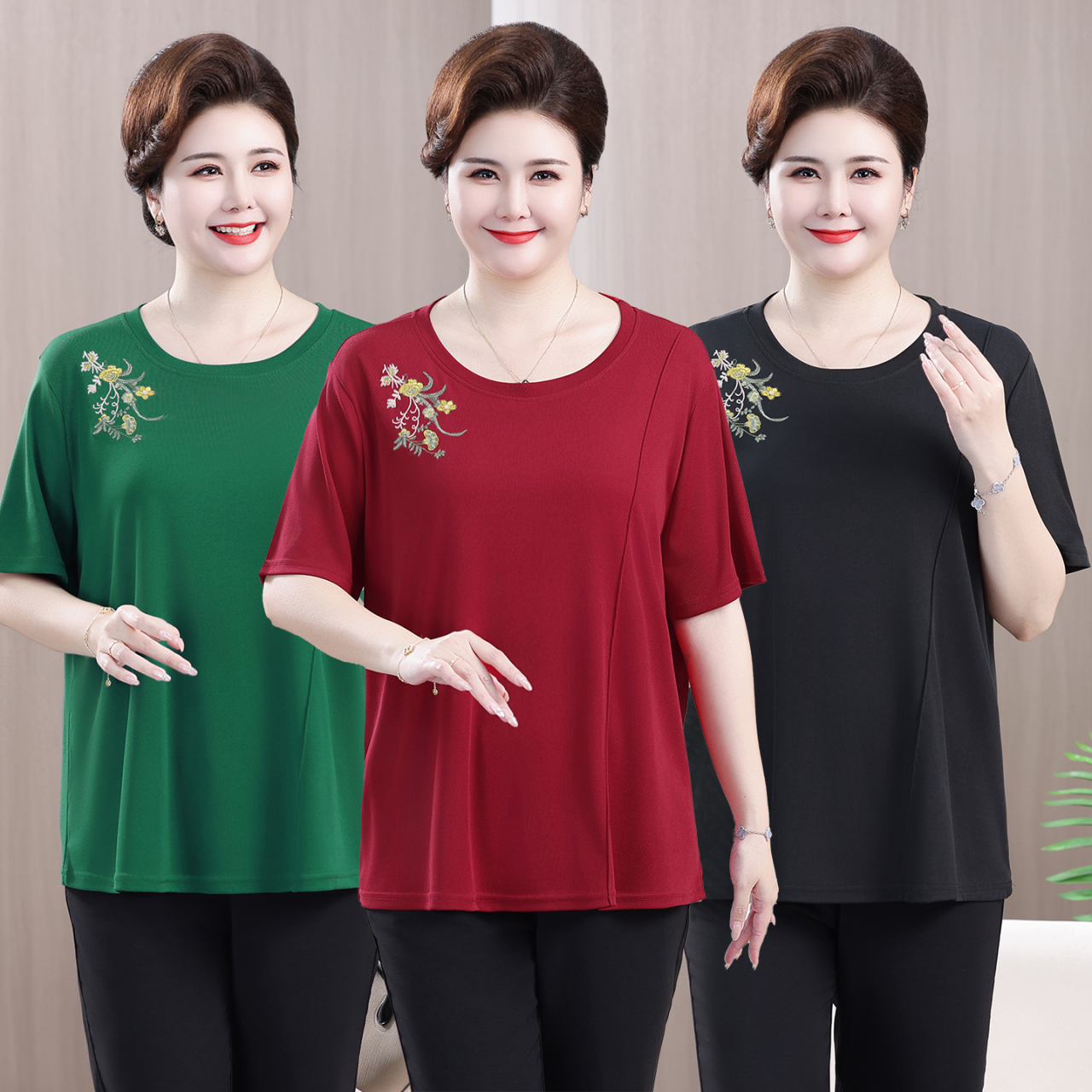 女性のプラスサイズ半袖チュニックトップス花柄刺繍ラウンドネック Tシャツルーズフィットカジュアルサマーブラウスプラスサイズ