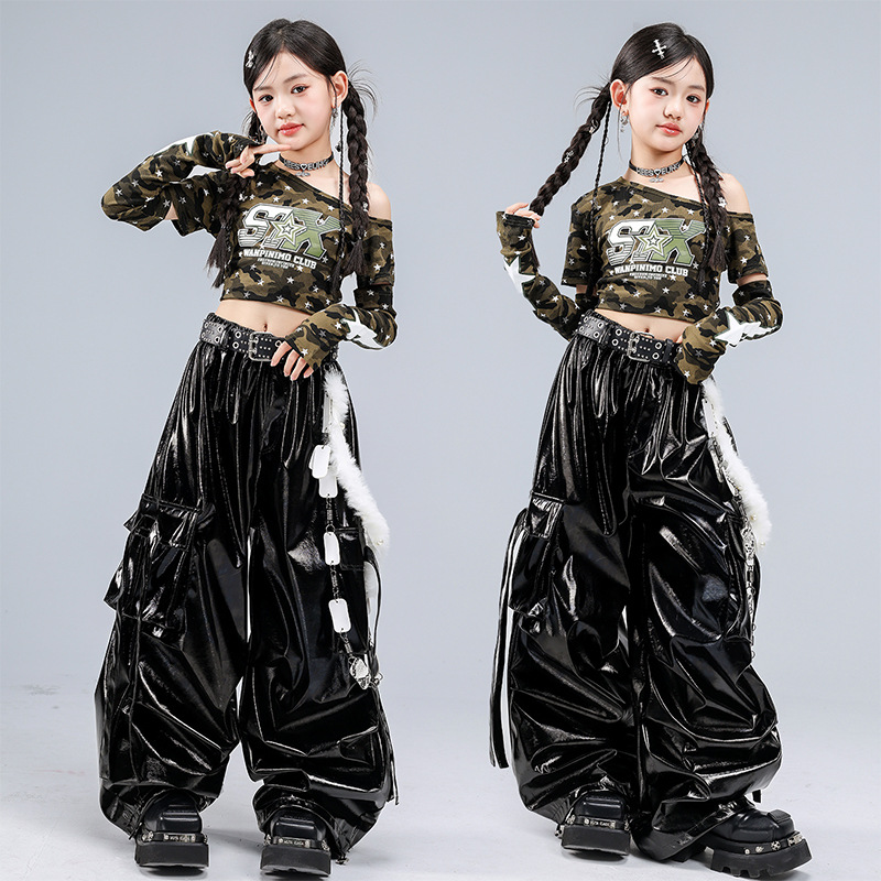 Kid Kpop Hip Hop Clothing Camo Sloped Shoulder Crop T Shirt Black Faux Leather Cargo Pants for Girl Street Dance Costume Clothes