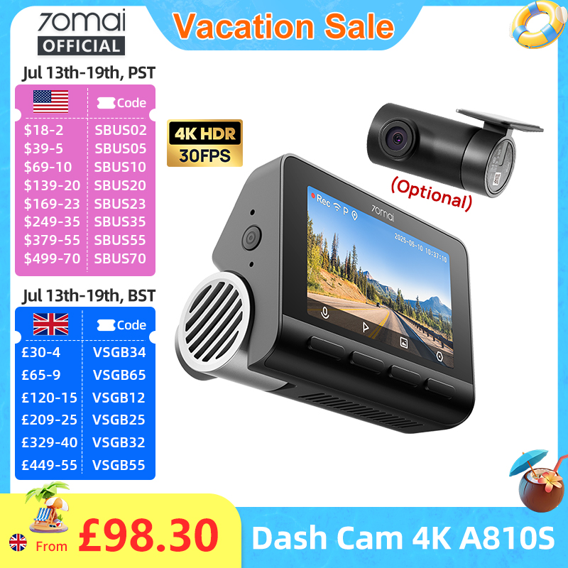 新しい 70mai ダッシュカム A810S 4K HDR GPS ADAS 自動記録デュアルチャネルモーション検出 4G LTE サポートカー DVR 70mai A810S グローバル版