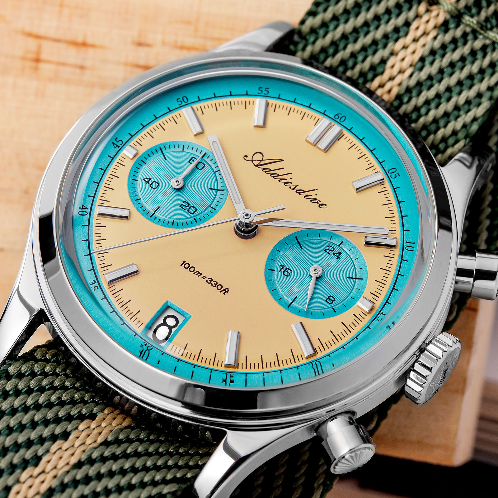 ADDIESDIVE ホット販売 AD2095 腕時計男性用多機能クロノグラフ 38 ミリメートル AR コーティングクォーツ腕時計 VK64 防水時計