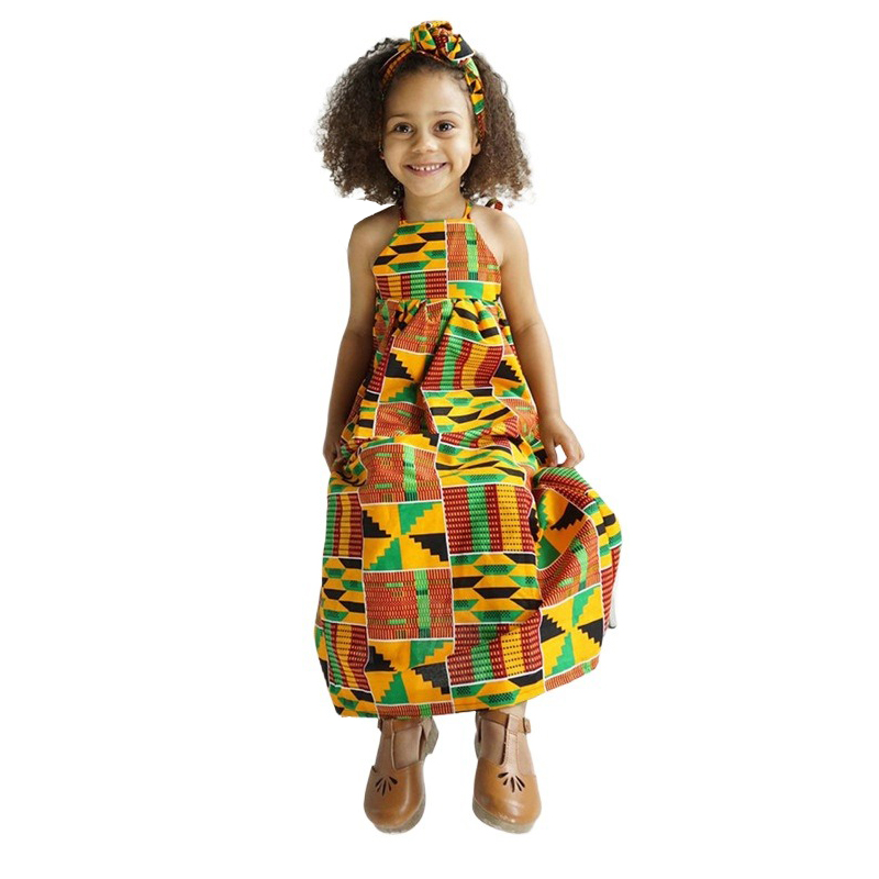 アフリカドレス Kente プリントアンカラキッズガールズ夏の伝統的な自由奔放に生きるホルターネックコールドショルダーノースリーブ幼児幼児幼児