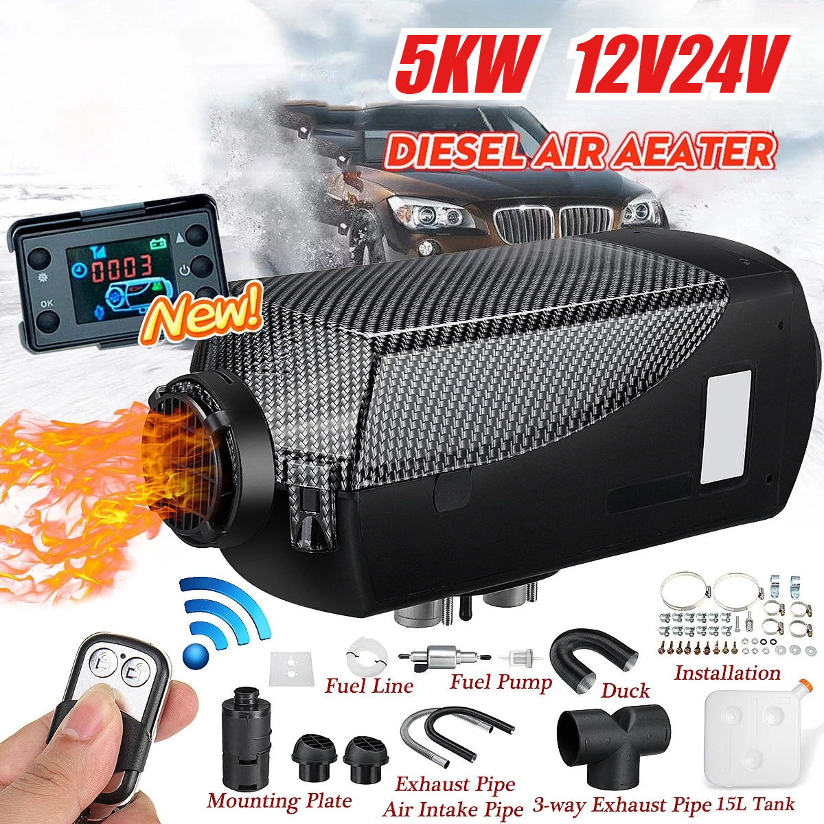 車のエアヒーター 5KW 12V/24V 点火銅ヒーター一体型補助ディーゼルヒーター自動駐車燃料ヒーター WebSat 用
