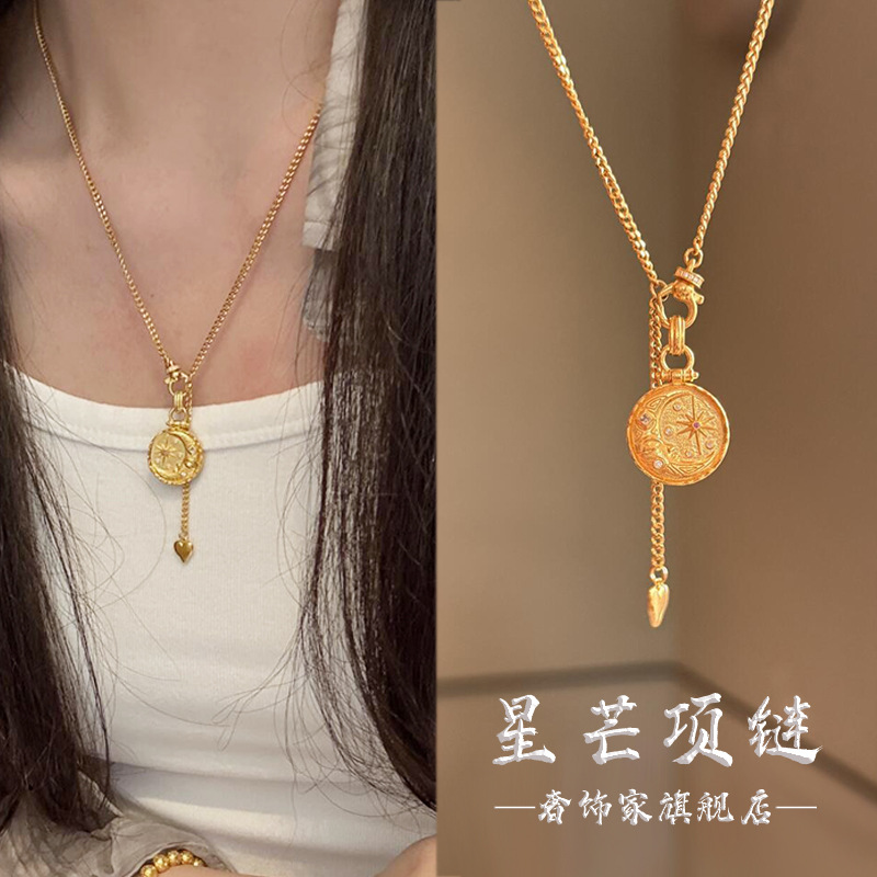 高級 24 18k リアルゴールドスターネックレスペンダント au9999 純金ファッションスタームーンネックレス絶妙なジュエリー女性のための