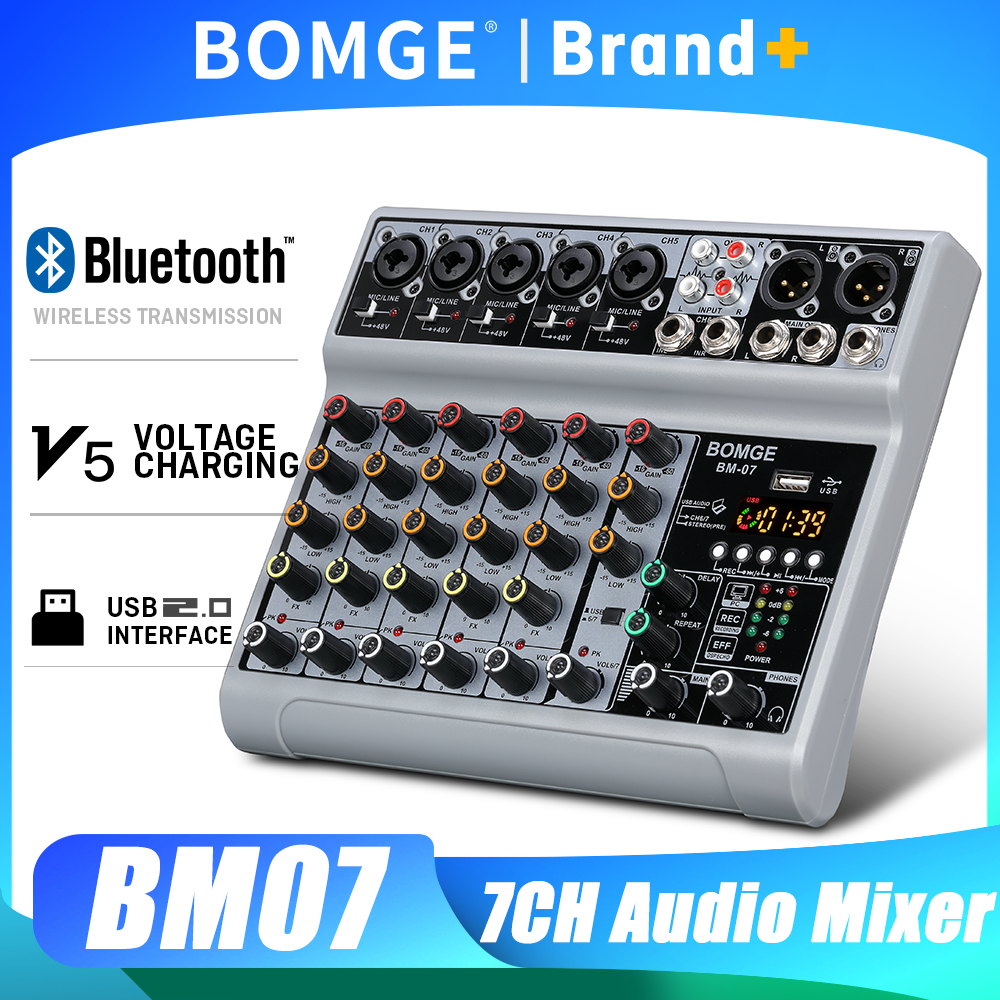 BOMGE 7 チャンネルオーディオミキサー Bluetooth USB 5 マイクライン 1 ステレオ入力 XLR バランス 6.35 ミリメートルジャック出力ヘッドフォンモニター付き