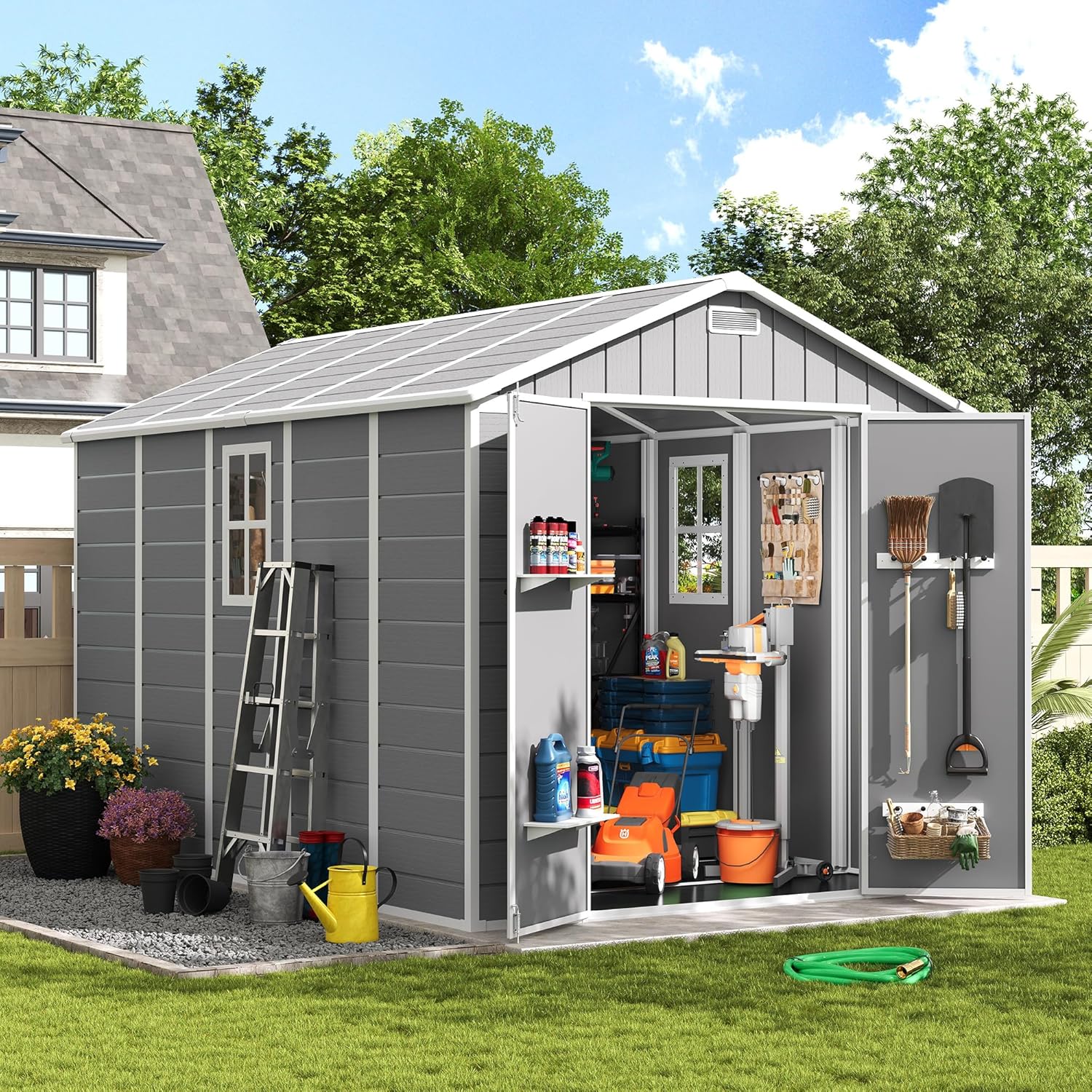 床付き屋外収納小屋、8x10フィートのロック可能なプラスチック製工具小屋、換気付き、防水樹脂庭の小屋、カスタマイズ