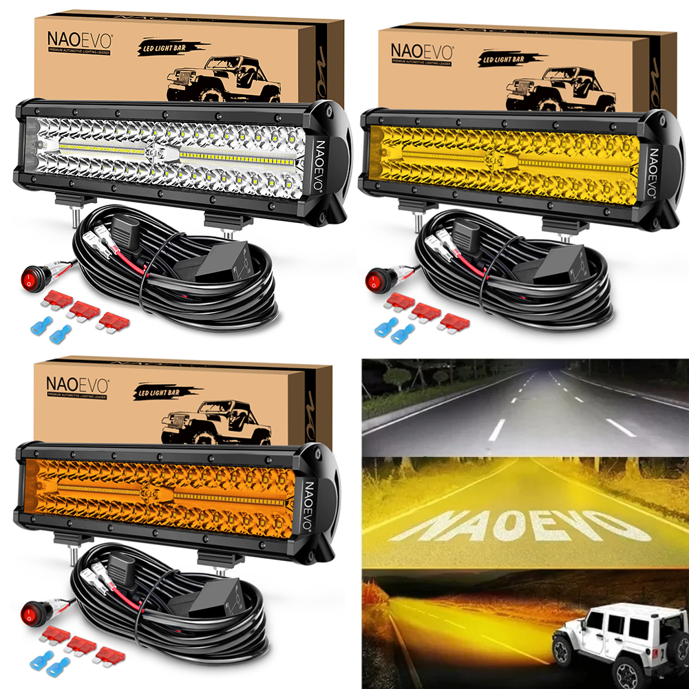 12 インチ車の LED ライトホワイトワークライト LED バーオフロード 4 × 4 スポットライトアンバーイエローフォグランプトラックトラクター配線ハーネスセット