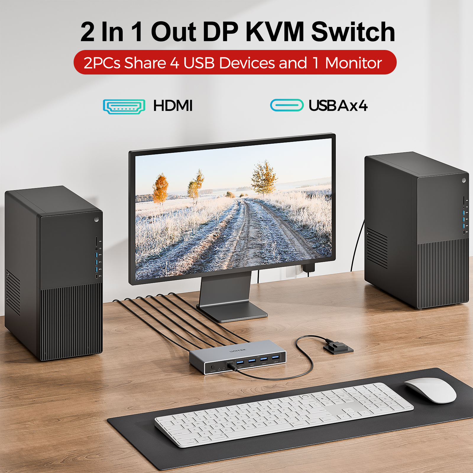 UNITEK KVM スイッチ 2 ポート DisplayPort 1.4 HDMI スイッチャー USB ハブ DP 4K@144Hz 8K@60Hz プラグ付き
