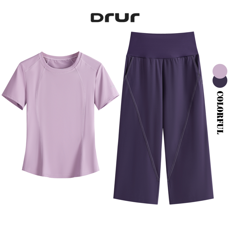 DRUR ルーズフィット夏ヨガセット女性 2 ピース軽量通気性スポーツシャツスウェットパンツスーツ 2 個スポーツウェア衣装ヨガウェア
