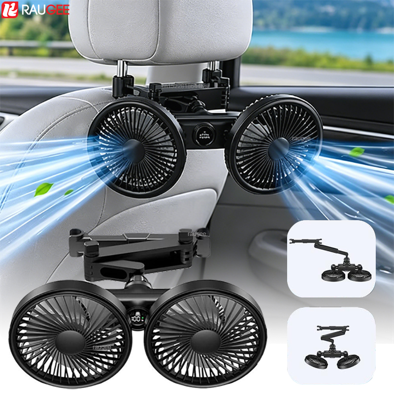 車用ファン USB カーシートバック冷却ファン ダブルヘッドポータブルカーシートファン 360°回転可能 USB 車ヘッドレストファン フロントリアシート用
