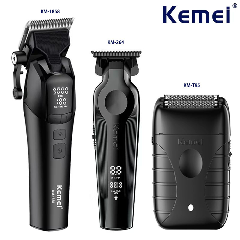 Kemei KM-1858 9000RPM 10 ワットバリカン、KM-264 充電式電気トリマー、男性用オリジナル KM-T95 シェーバー理容バリカンキット