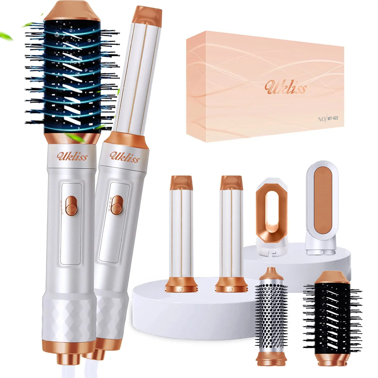 Ukliss 6 1 電気ヘアドライヤーブラシホワイトゴールドブロードライヤーコームヘアカーリングワンド取り外し可能なブラシキットマイナスイオンカーラー