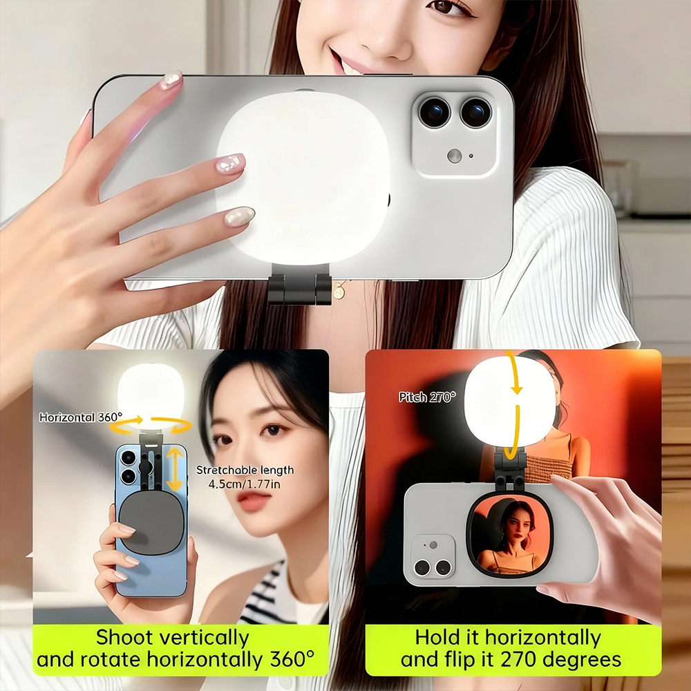 ミラー付き磁気自撮りライト 360 度回転電話補助ライト 3 色調光可能な LED クリップメイクライブストリーミングビデオ通話用