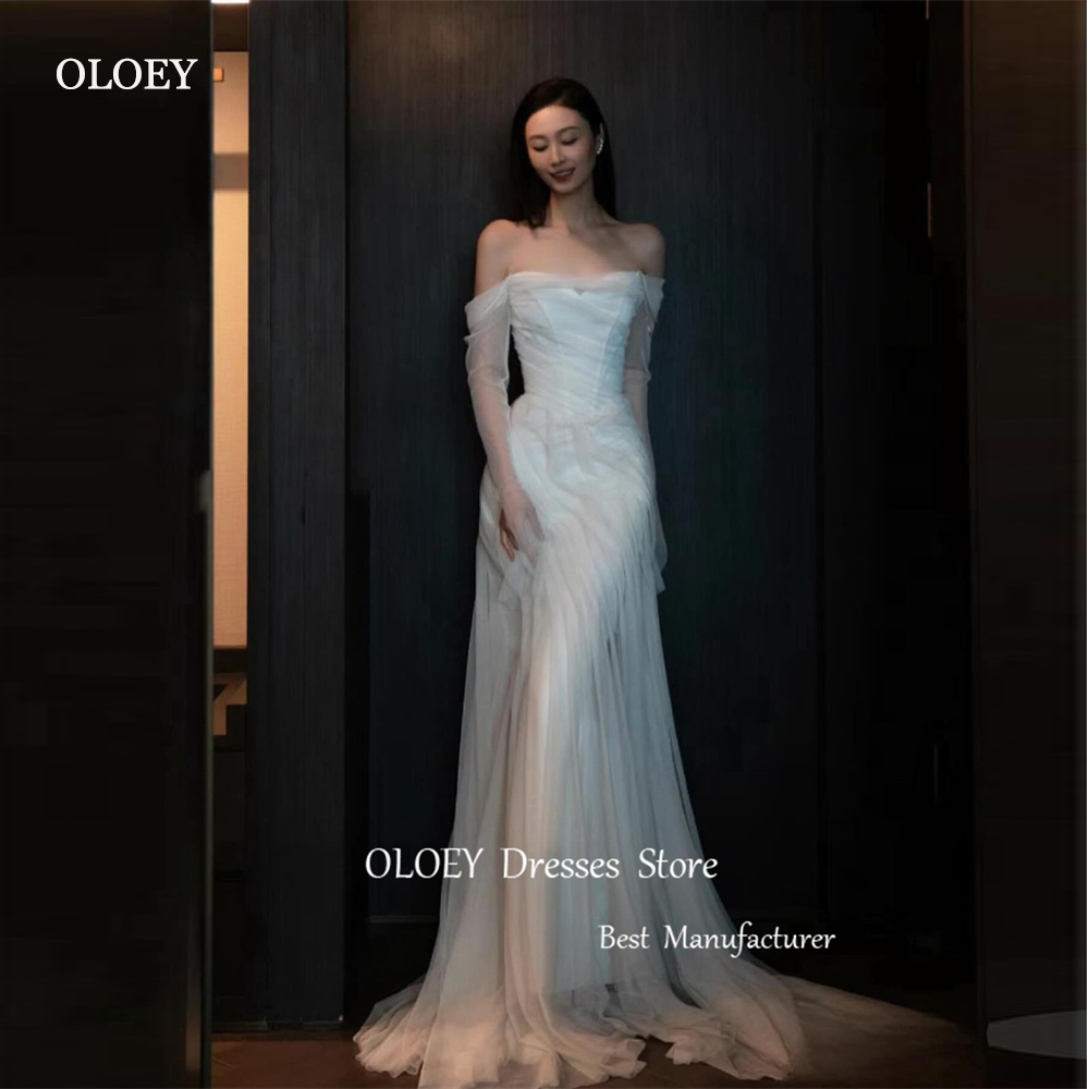 OLOEY シンプルなソフトチュール A ライン韓国のウェディングドレスオフショルダー長袖ブライダルドレスカスタマイズされた妖精のイブニングドレス