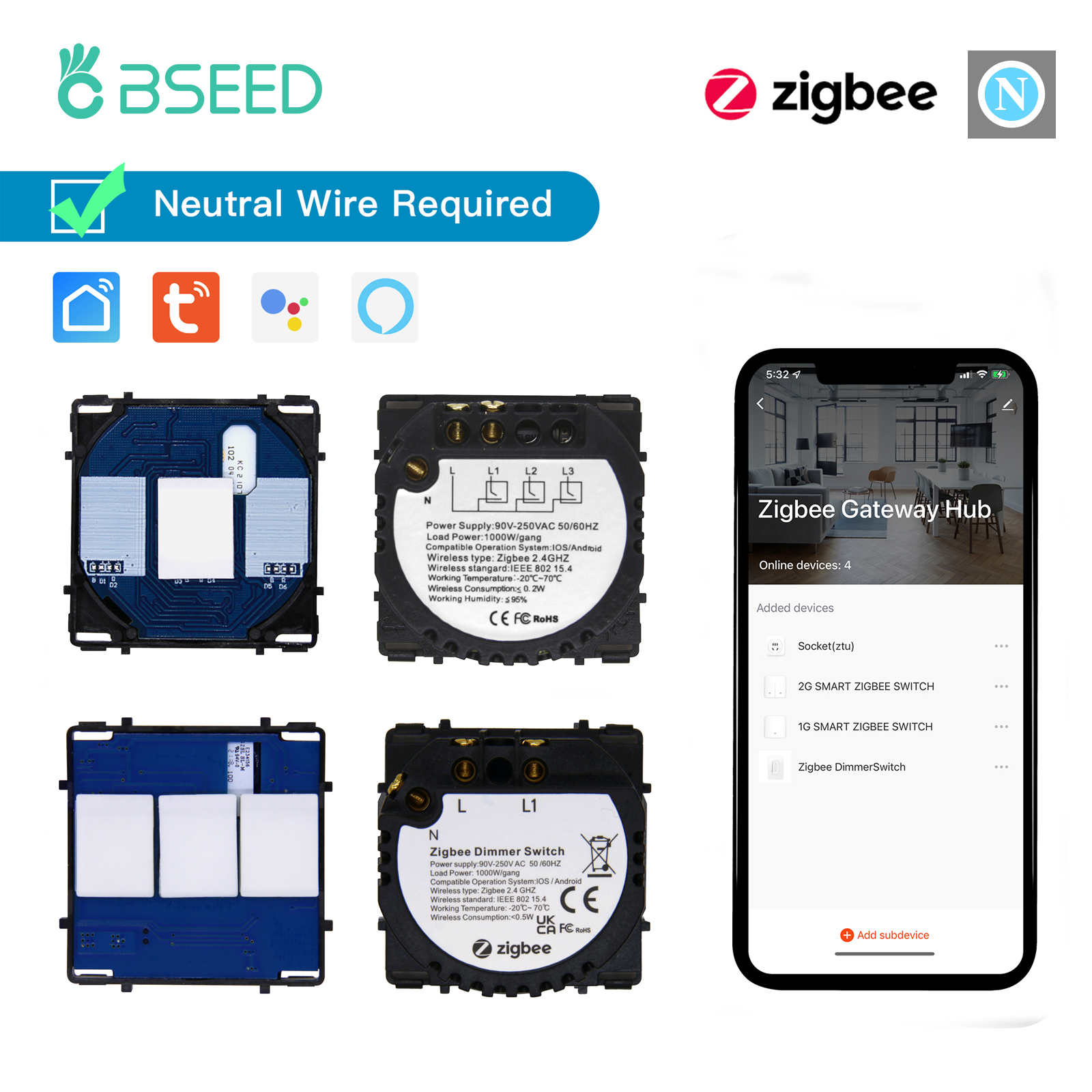 Bseed EU 標準 Zigbee ライトスイッチ部品 1/2/3Gang 調光カーテンモジュール DIY 部品 Tuya スマートライフコントロールニュートラル必要