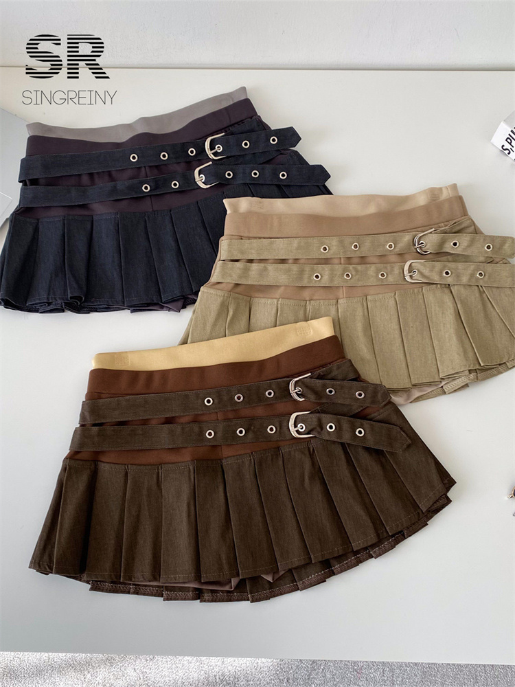 SINGREINY Patchwork Mini Pleated Skirt Women Summer Hotsweet Sashes A-line Slim Chic Preppy Style Spicy Girl Streetwear Skirts