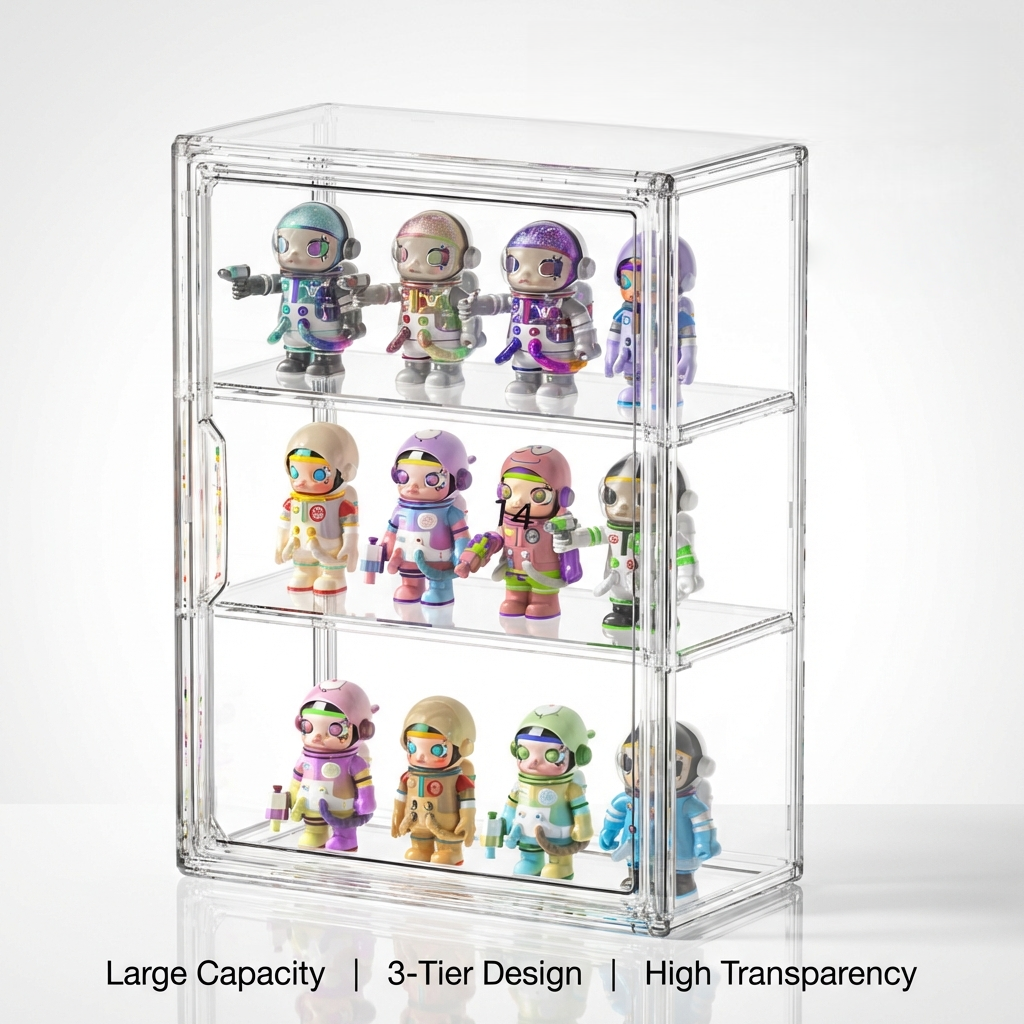 1個の透明アクリルフィギュアディスプレイケース、2つの取り外し可能な棚、ミニフィギュア用の防水防塵収納ボックス付き