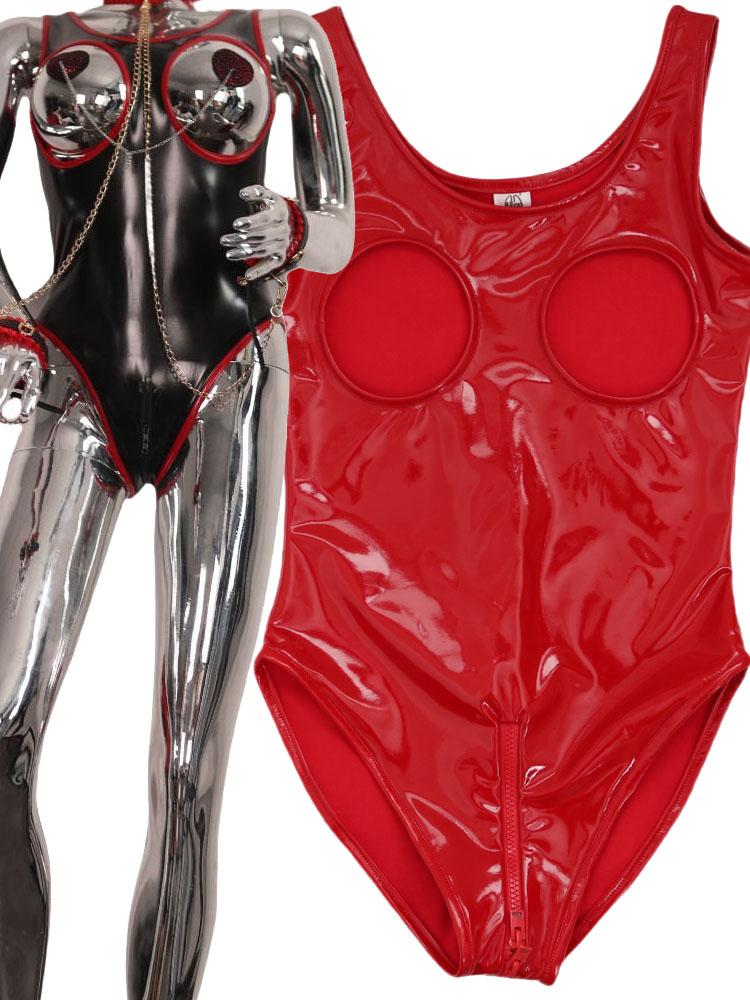 S-5XL ウェットルック PVC タンクキャットスーツ中空アウト光沢のある Pu レザージッパーオープンクロッチボディスーツタイトなセクシーなボディテディクラブウェアユニタード