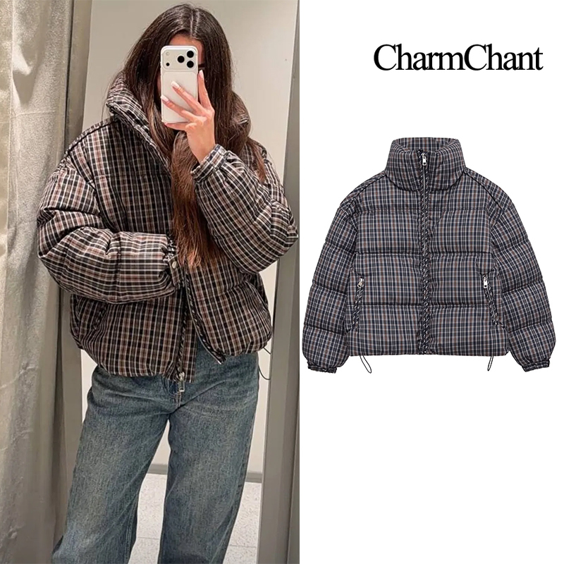 CharmChant スタンドカラーチェック柄パファージャケット女性のための冬 2025 パッドコート女性新コート暖かいチェックアウターウェアパーカー